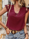 MESH LACE POINT CAP SLEEVE CHIFFON BLOUSE