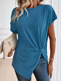 Crew Neck Twist-Front Detail Solid T-Shirt