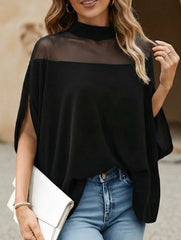 Women's Mesh Off-Shoulder Batwing Sleeve High Neck Top_CWTBLS02536