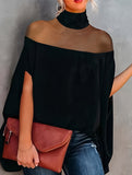 Women's Mesh Off-Shoulder Batwing Sleeve High Neck Top_CWTBLS02536