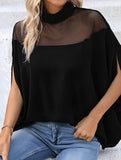 Women's Mesh Off-Shoulder Batwing Sleeve High Neck Top_CWTBLS02536