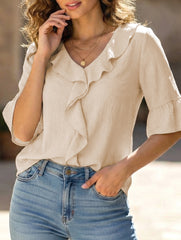 Ruffle 3/4 Sleeve Lantern Neck Casual Top_CWTBLS02559