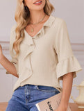 Ruffle 3/4 Sleeve Lantern Neck Casual Top_CWTBLS02559