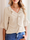 Ruffle 3/4 Sleeve Lantern Neck Casual Top_CWTBLS02559