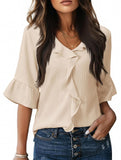 Ruffle 3/4 Sleeve Lantern Neck Casual Top_CWTBLS02559