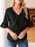 Ruffle 3/4 Sleeve Lantern Neck Casual Top_CWTBLS02559