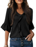 Ruffle 3/4 Sleeve Lantern Neck Casual Top_CWTBLS02559