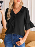 Ruffle 3/4 Sleeve Lantern Neck Casual Top_CWTBLS02559