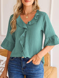 Ruffle 3/4 Sleeve Lantern Neck Casual Top_CWTBLS02559