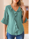 Ruffle 3/4 Sleeve Lantern Neck Casual Top_CWTBLS02559