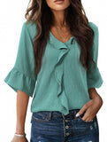 Ruffle 3/4 Sleeve Lantern Neck Casual Top_CWTBLS02559