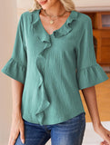 Ruffle 3/4 Sleeve Lantern Neck Casual Top_CWTBLS02559