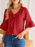 Ruffle 3/4 Sleeve Lantern Neck Casual Top_CWTBLS02559