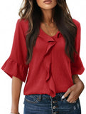 Ruffle 3/4 Sleeve Lantern Neck Casual Top_CWTBLS02559