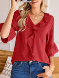 Ruffle 3/4 Sleeve Lantern Neck Casual Top_CWTBLS02559