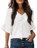 Ruffle 3/4 Sleeve Lantern Neck Casual Top_CWTBLS02559