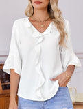 Ruffle 3/4 Sleeve Lantern Neck Casual Top_CWTBLS02559