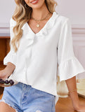 Ruffle 3/4 Sleeve Lantern Neck Casual Top_CWTBLS02559