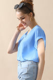 Womens V Neck Trim Rolled Short Sleeve Blouse Top