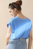 Womens V Neck Trim Rolled Short Sleeve Blouse Top