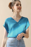 Womens V Neck Trim Rolled Short Sleeve Blouse Top