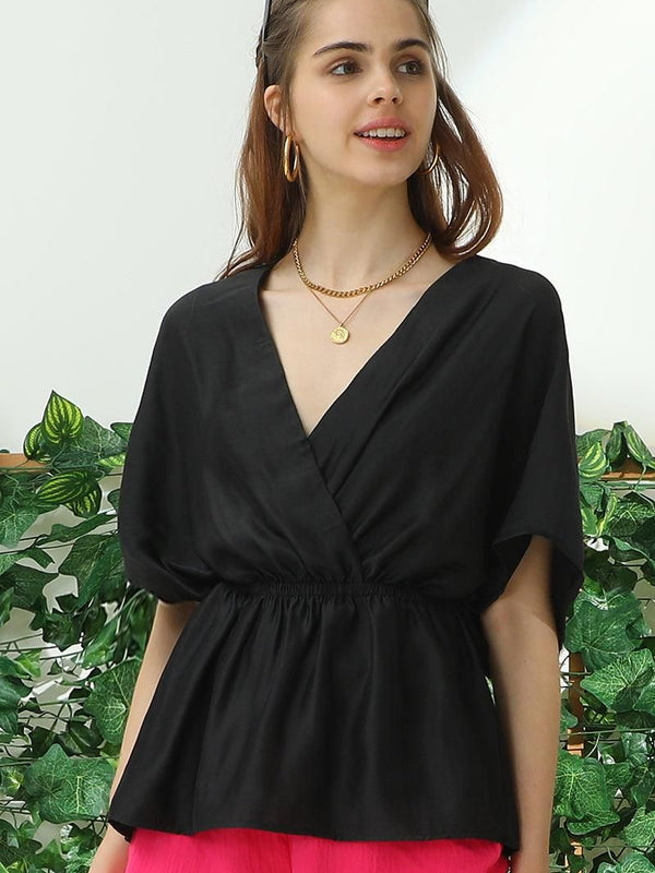V NECK BATWING SLEEVE SLIK BLOUSE TOP - Doublju
