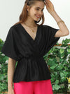 V NECK BATWING SLEEVE SLIK BLOUSE TOP - Doublju