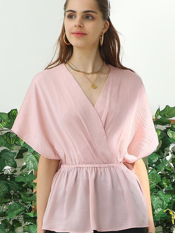 V NECK BATWING SLEEVE SLIK BLOUSE TOP - Doublju