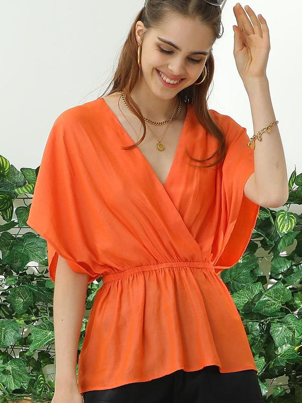 V NECK BATWING SLEEVE SLIK BLOUSE TOP - Doublju