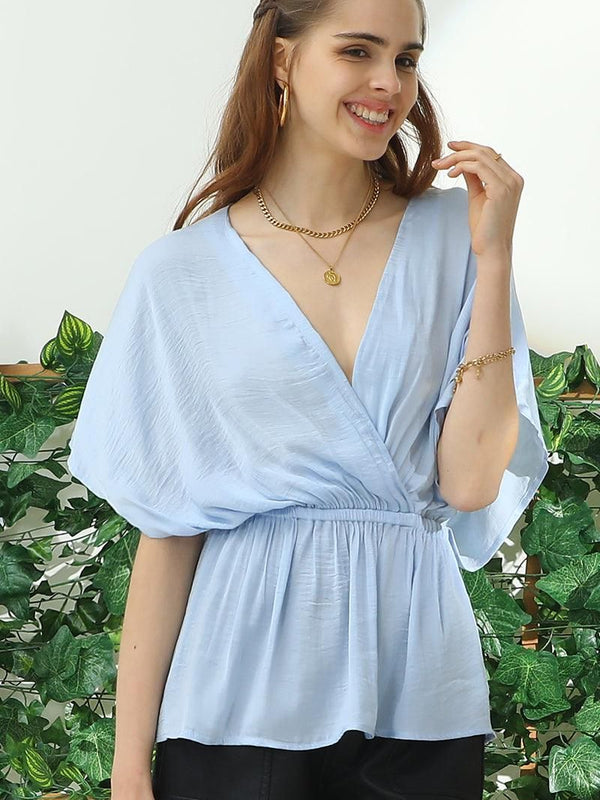 V NECK BATWING SLEEVE SLIK BLOUSE TOP - Doublju