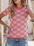 CASUAL PLAID CREW NECK KNIT SHORT SLEEVED SHIRT_CWTBLS0424