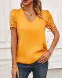 Solid Color V-neck Burnout Blouse ??Lightweight Semi-Sheer Top for Women
