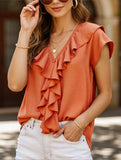 V-Neck Ruffled Loose Casual Shirt ??Effortless Chic for Everyday Wear