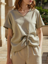 Linen V-Neck Slouchy Blouse ??Breathable & Relaxed Fit