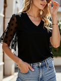 BLACK V-NECK GAUZE SEE-THROUGH BLOUSE_CWTBLS0874
