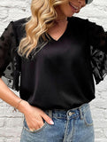 BLACK V-NECK GAUZE SEE-THROUGH BLOUSE_CWTBLS0874