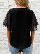 BLACK V-NECK GAUZE SEE-THROUGH BLOUSE_CWTBLS0874