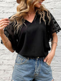 BLACK V-NECK GAUZE SEE-THROUGH BLOUSE_CWTBLS0874