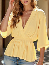 Solid Color Deep V-Neck Loose Waist Blouse ??Casual Boho Long Sleeve Top