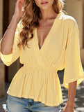 Solid Color Deep V-Neck Loose Waist Blouse ??Casual Boho Long Sleeve Top