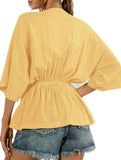 Solid Color Deep V-Neck Loose Waist Blouse ??Casual Boho Long Sleeve Top