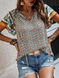 Casual Ethnic Style Printed V-Neck Short-Sleeve Loose shirt
