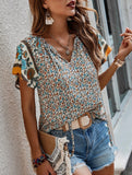 Casual Ethnic Style Printed V-Neck Short-Sleeve Loose shirt