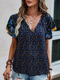 Casual Ethnic Style Printed V-Neck Short-Sleeve Loose shirt