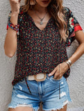 Casual Ethnic Style Printed V-Neck Short-Sleeve Loose shirt