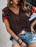 Casual Ethnic Style Printed V-Neck Short-Sleeve Loose shirt
