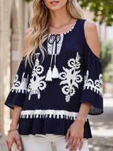 Lace Patchwork Fringe Lace-Up Shirt – Boho Viscose Blouse for Women