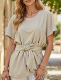 Round neck short-sleeved T-shirt belted tunic top