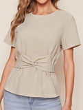 Round neck short-sleeved T-shirt belted tunic top