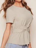 Round neck short-sleeved T-shirt belted tunic top
